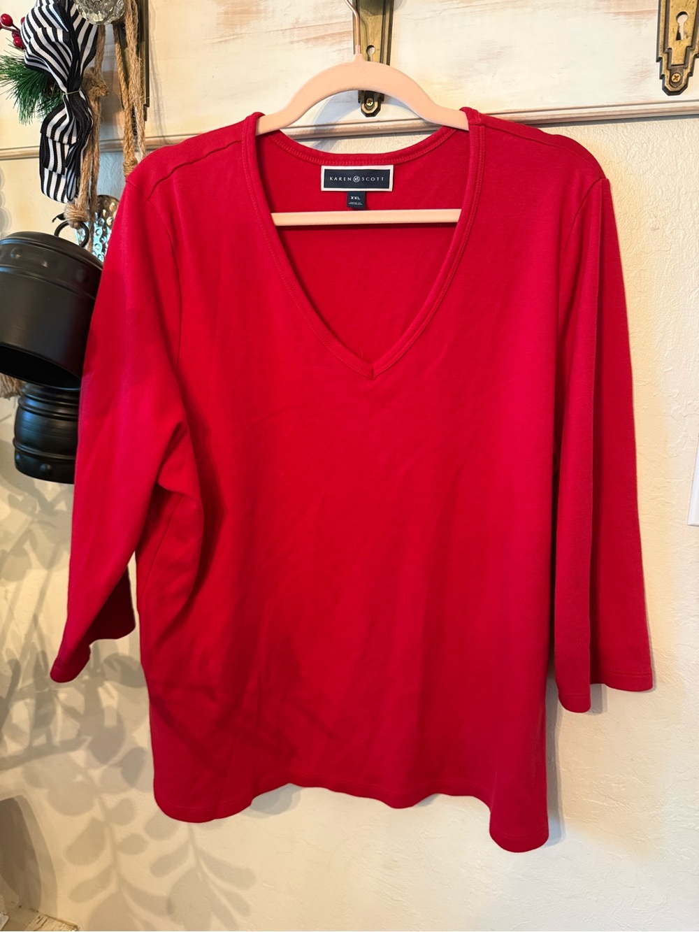Karen Scott Bright Red V-Neck Long Sleeve Top